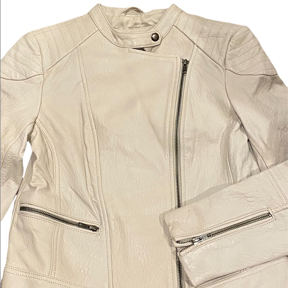 Cupcakes & cashmere leather moto jacket with zippers, ivory, small